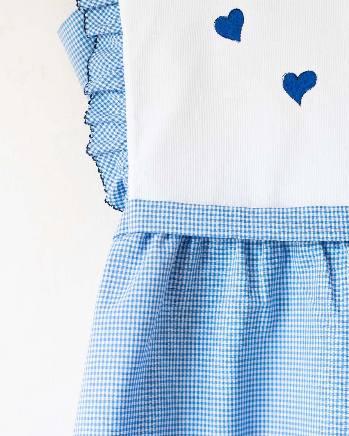 Plaid dress with blue heart embroidery | Spanish Deadstock | 13-14 years