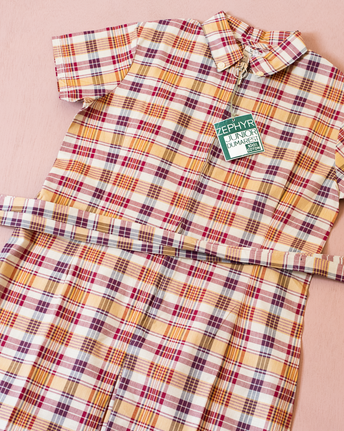 Plaid dress in shades of beige and burgundy | French dead stock | 7-8 years
