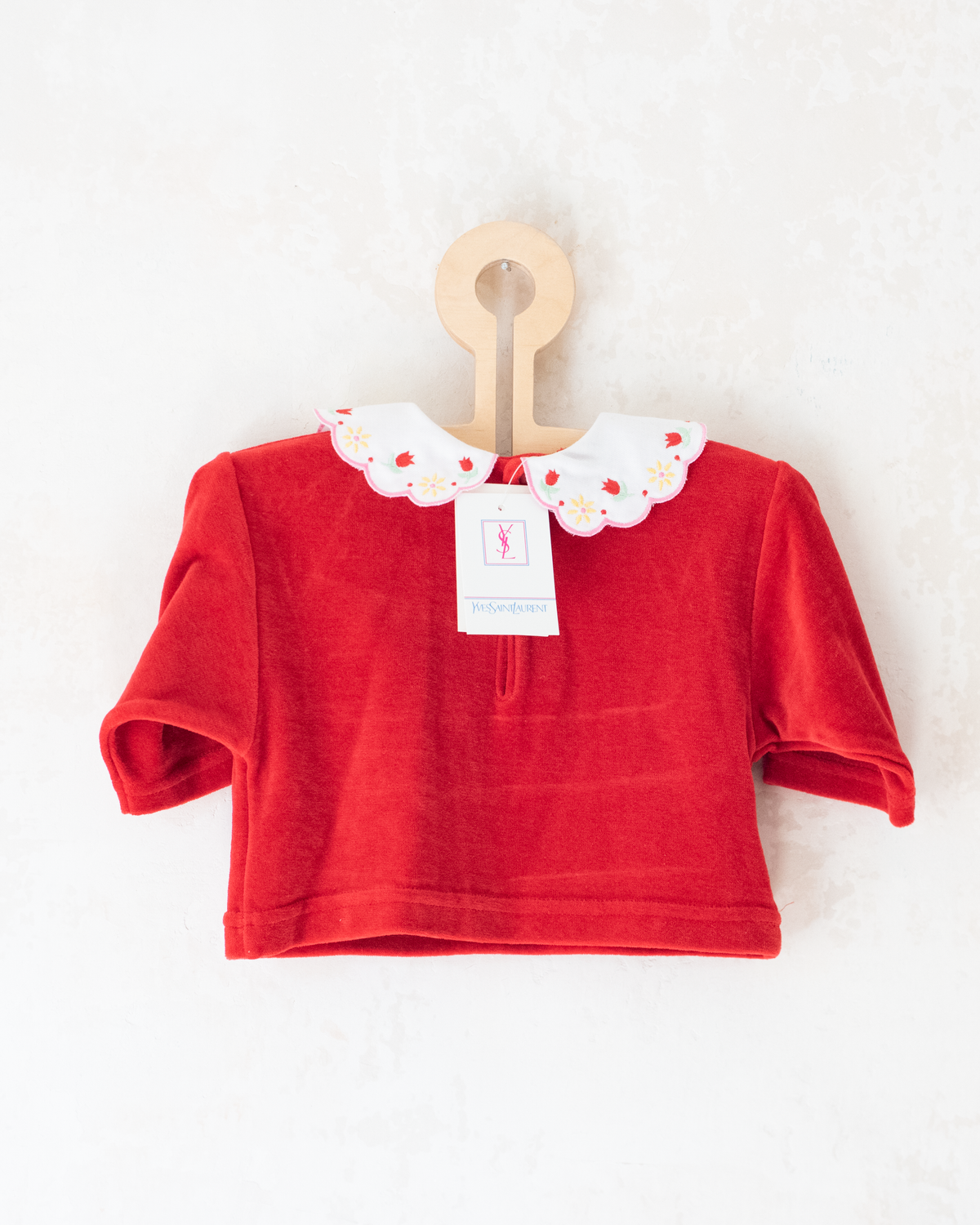 Red velvet shirt with baubles from Yves Saint Laurent | 3-6 months