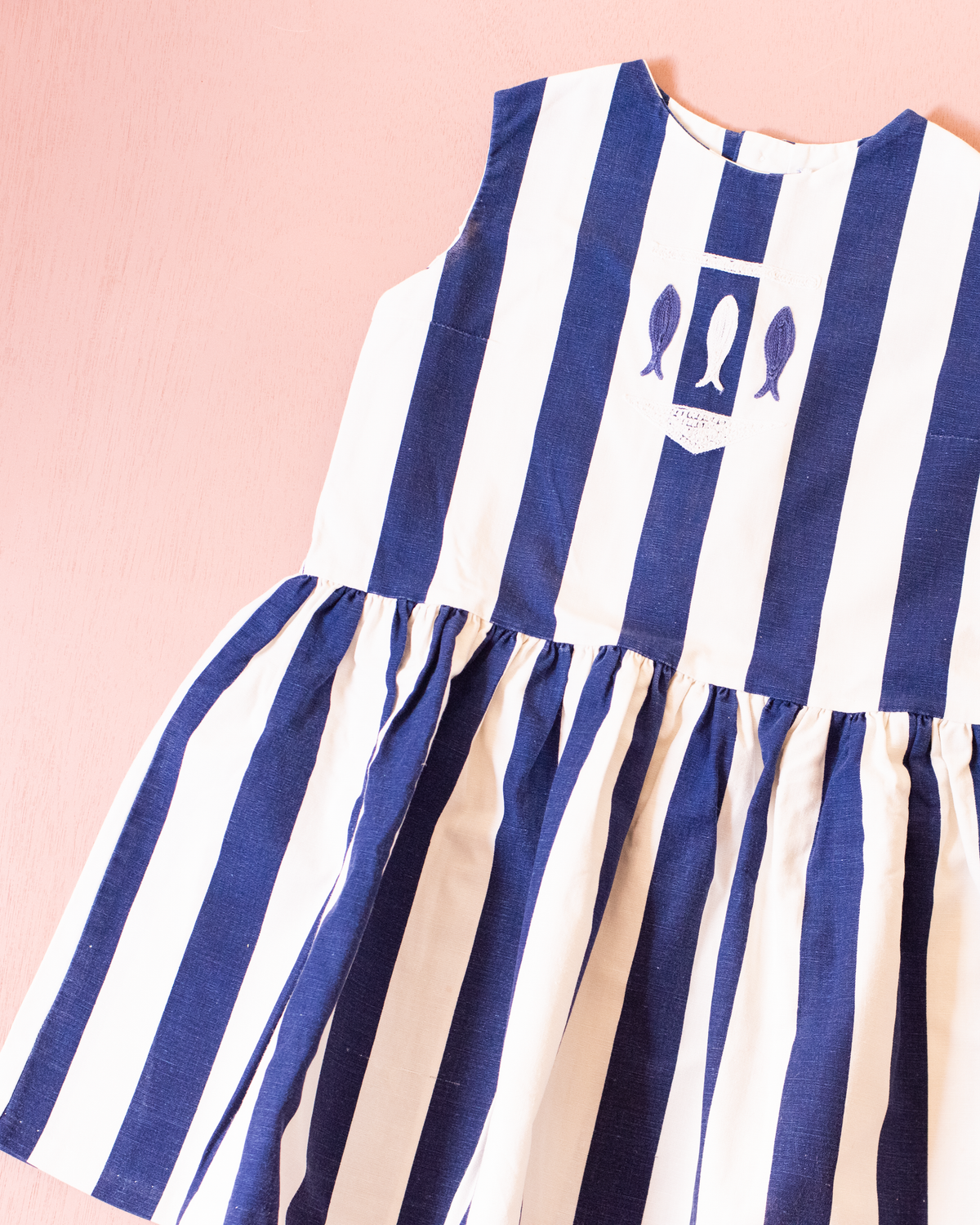Striped dress with embroidered fish | From the 60s in France | 4-5 years