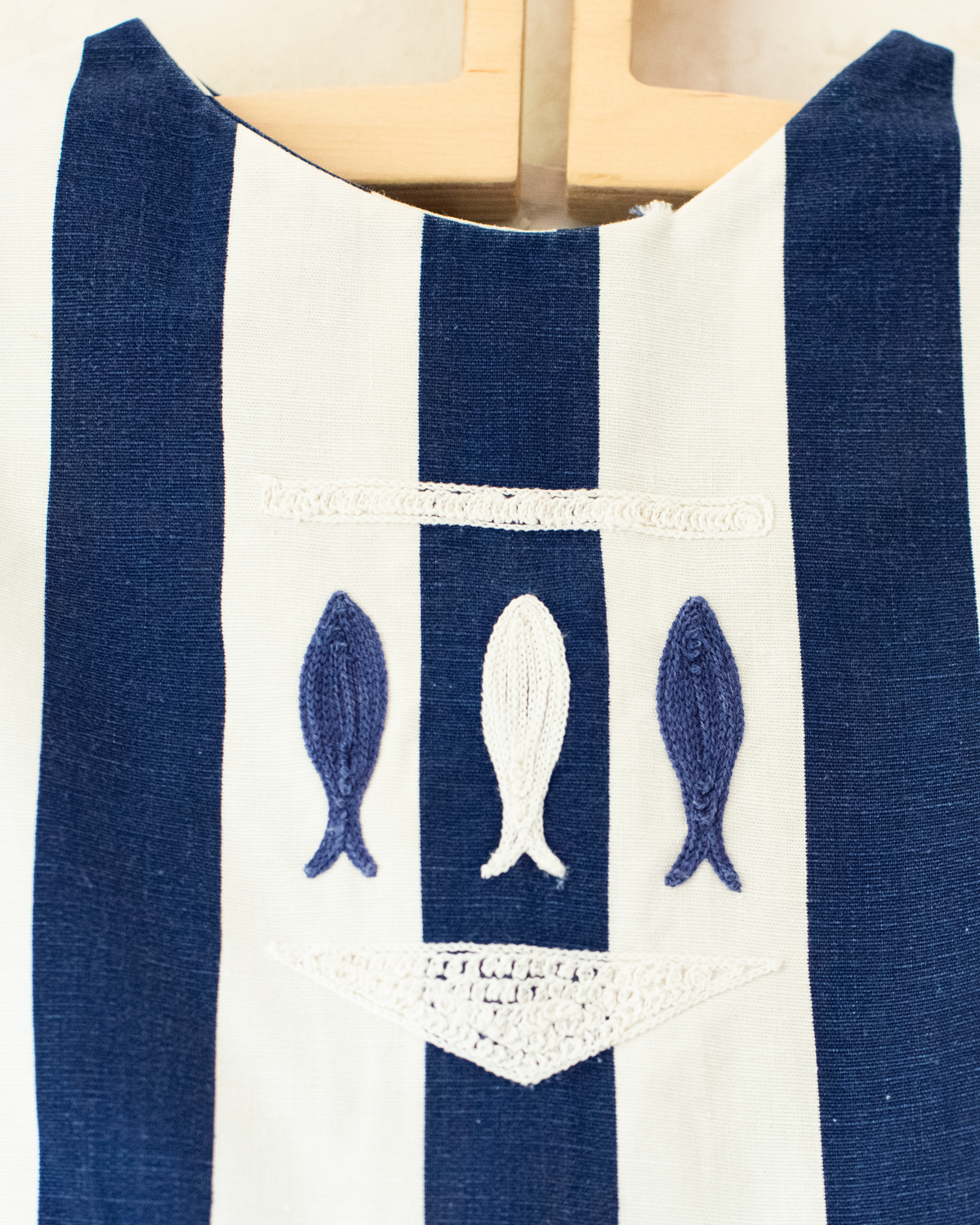 Striped dress with embroidered fish | From the 60s in France | 4-5 years