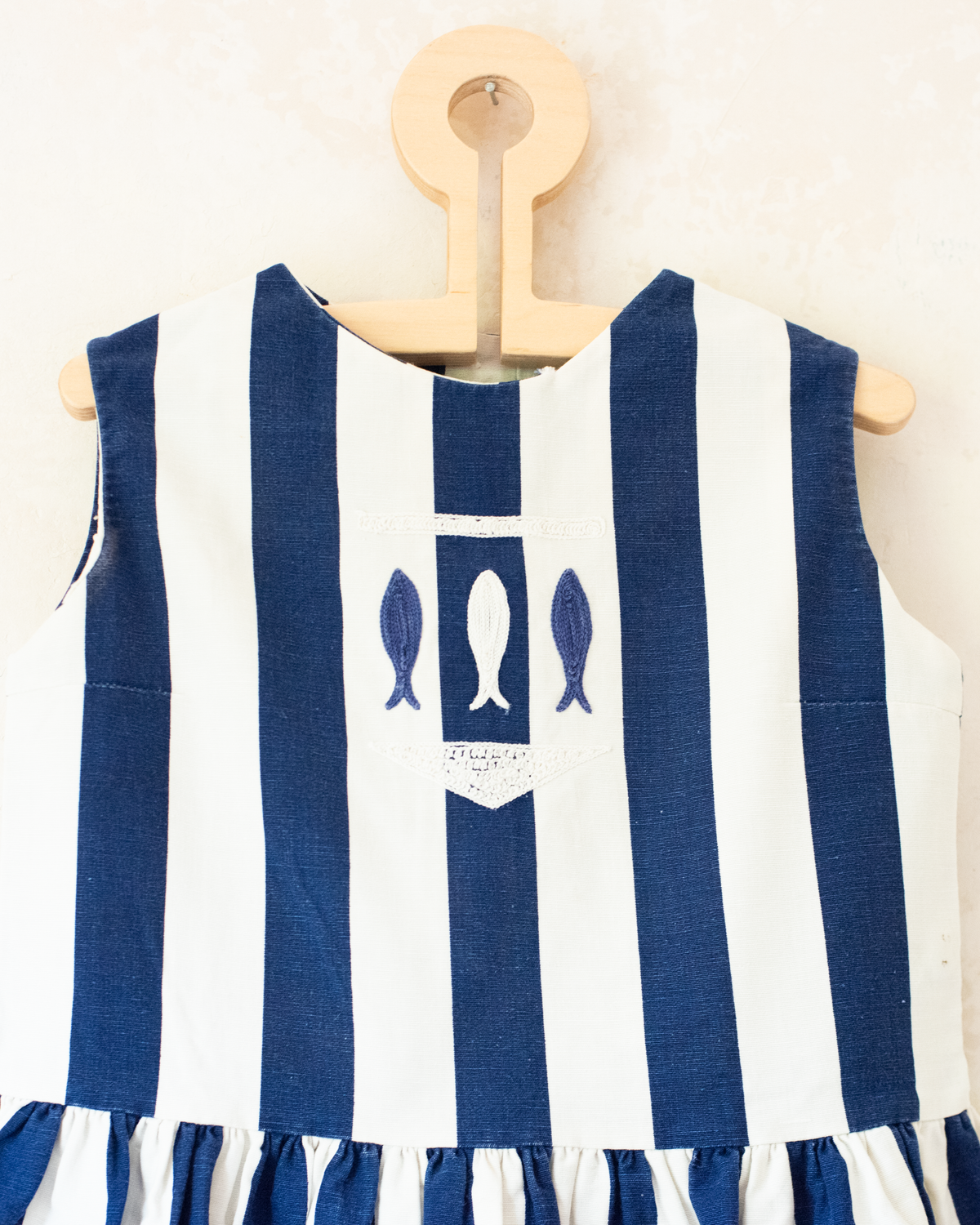 Striped dress with embroidered fish | From the 60s in France | 4-5 years