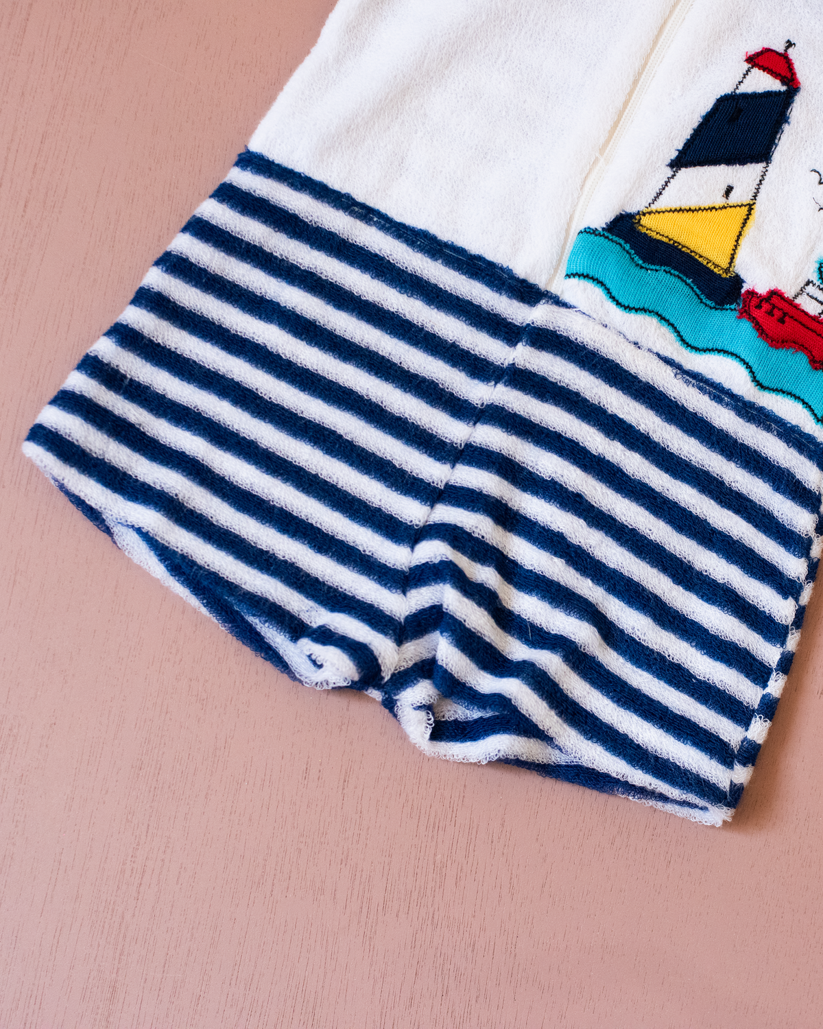 Red and white towelling overalls with stripes and a lighthouse | Spanish dead stock | 3-6 months