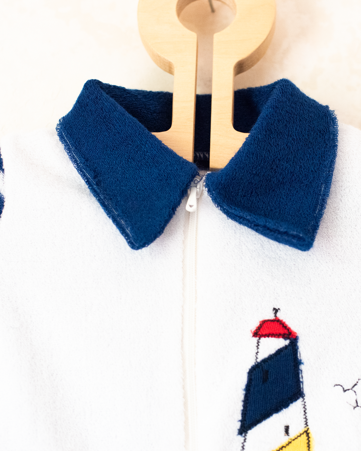 Red and white towelling overalls with stripes and a lighthouse | Spanish dead stock | 3-6 months