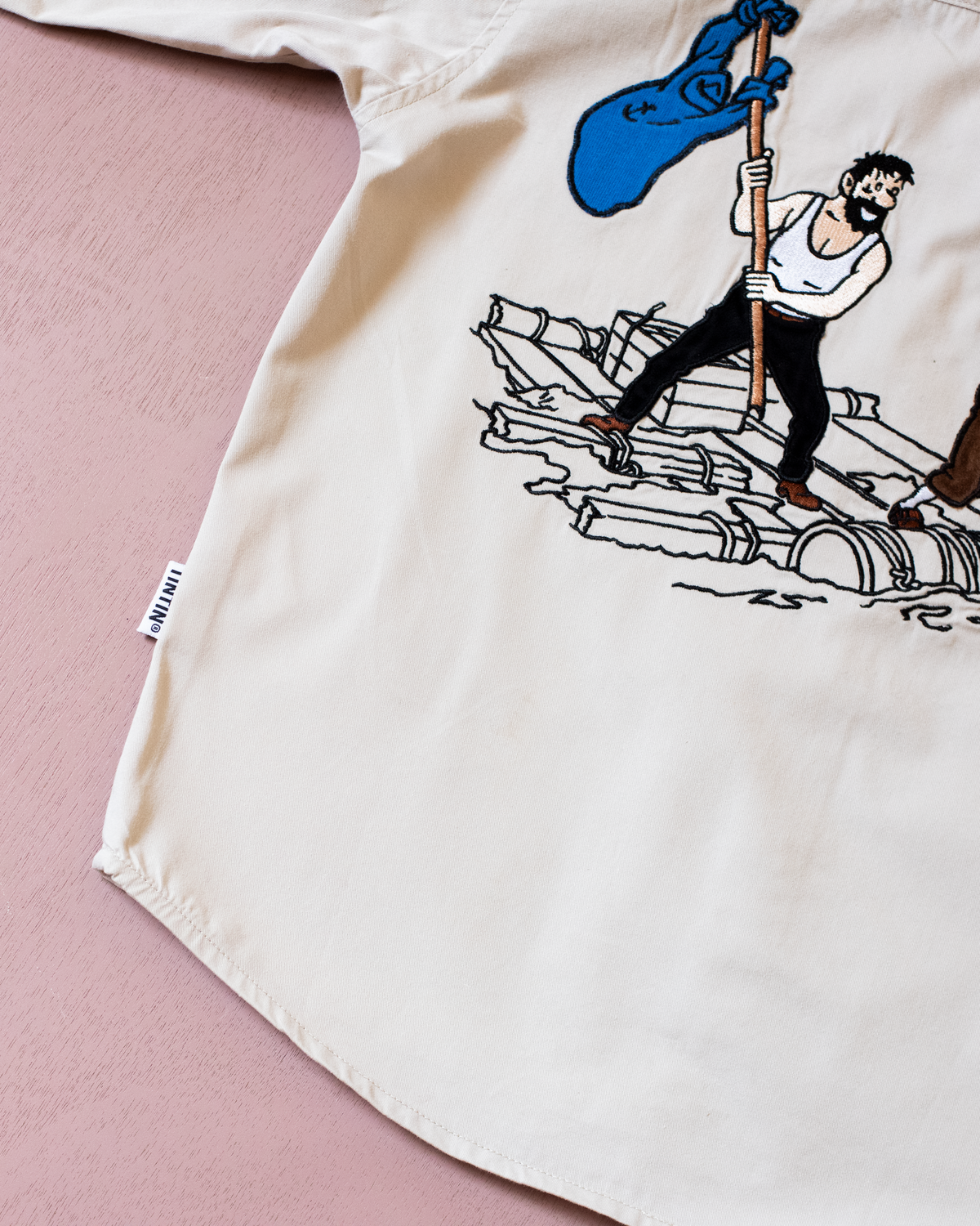 Long khaki shirt with Tintin on a raft embroidery | 6-7 years
