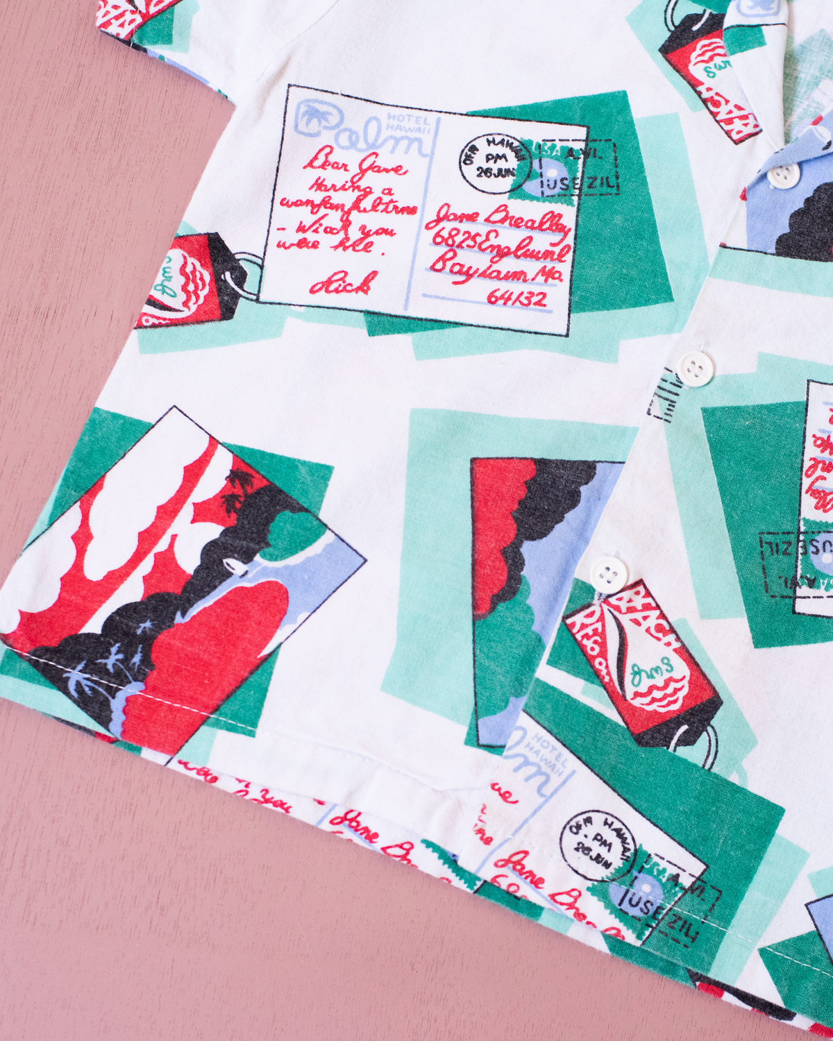 Button-down shirt with postcards and green collar | 3-4 years
