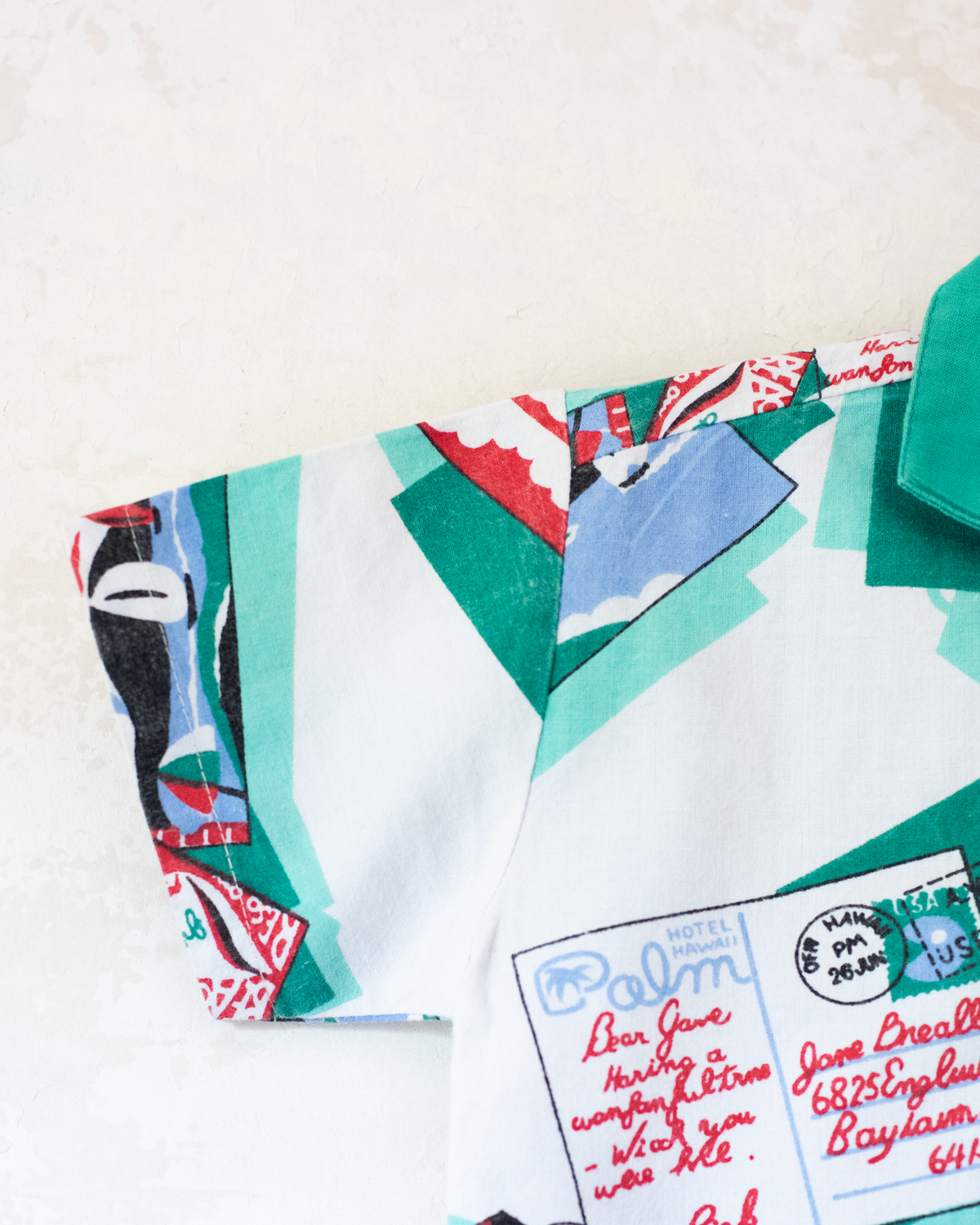 Button-down shirt with postcards and green collar | 3-4 years