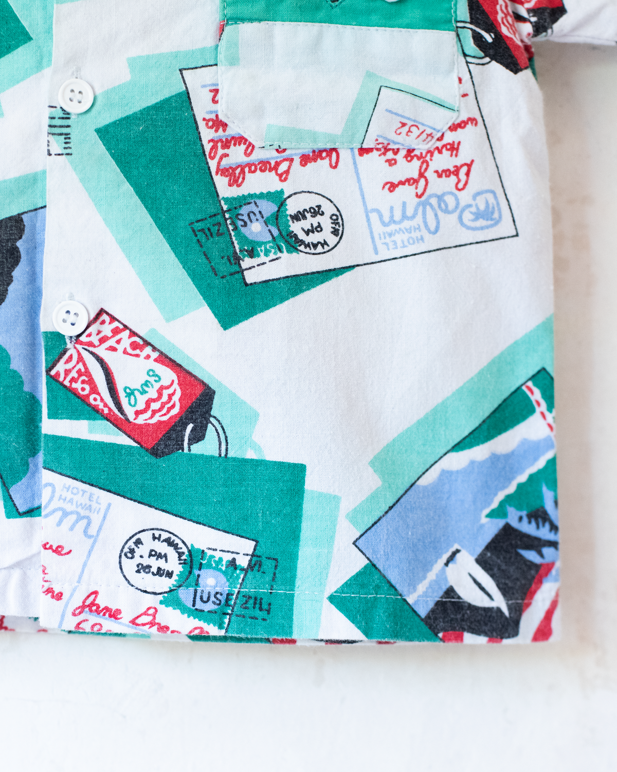 Button-down shirt with postcards and green collar | 3-4 years