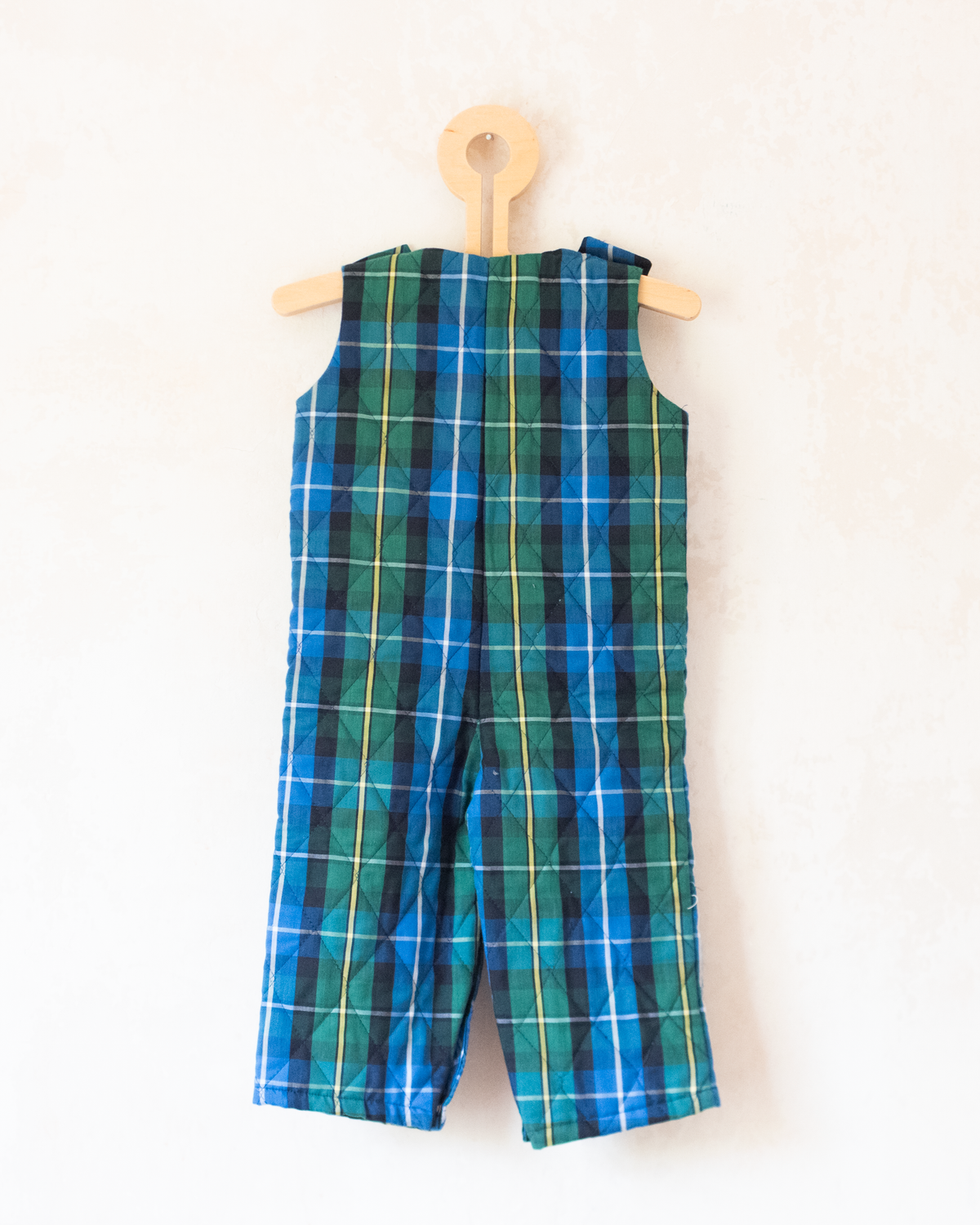 Green and blue plaid jumpsuit with spaceship embroidery | 9-12 months