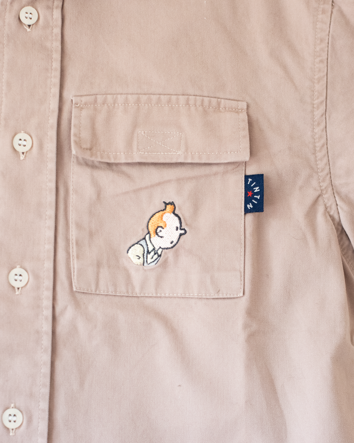 Khaki button-down shirt with Tintin embroidery | 6-7 years