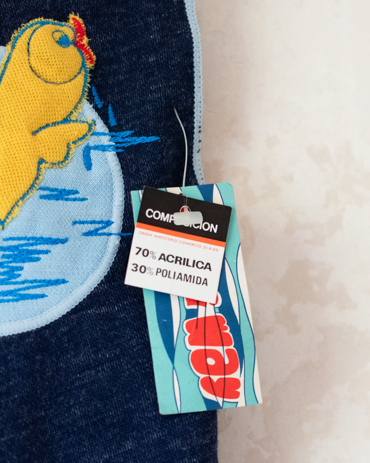 Blue overalls with embroidered yellow fish | Spanish deadstock from the 70s | 3-6 months