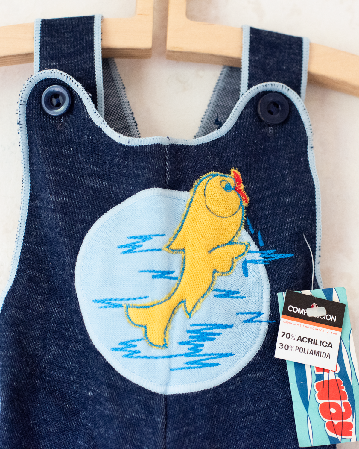 Blue overalls with embroidered yellow fish | Spanish deadstock from the 70s | 3-6 months