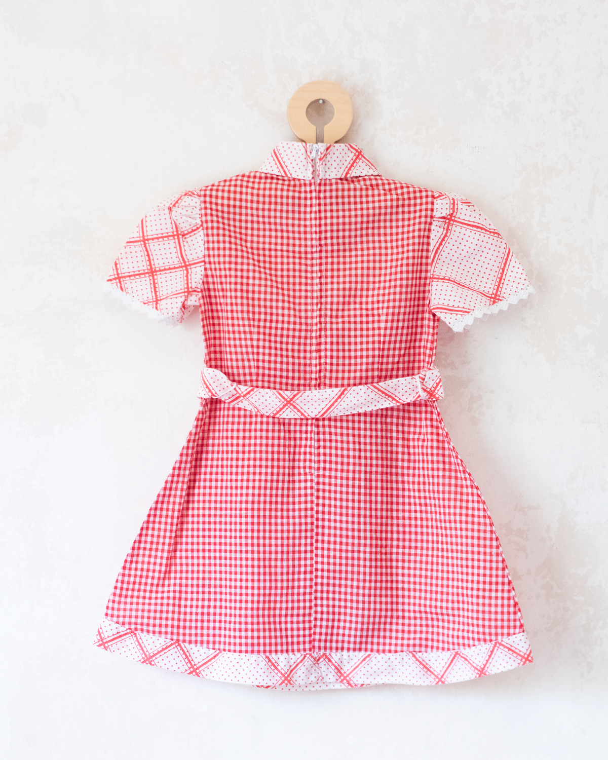Red and white dress with dots and checks | French dead stock | 2-3 years