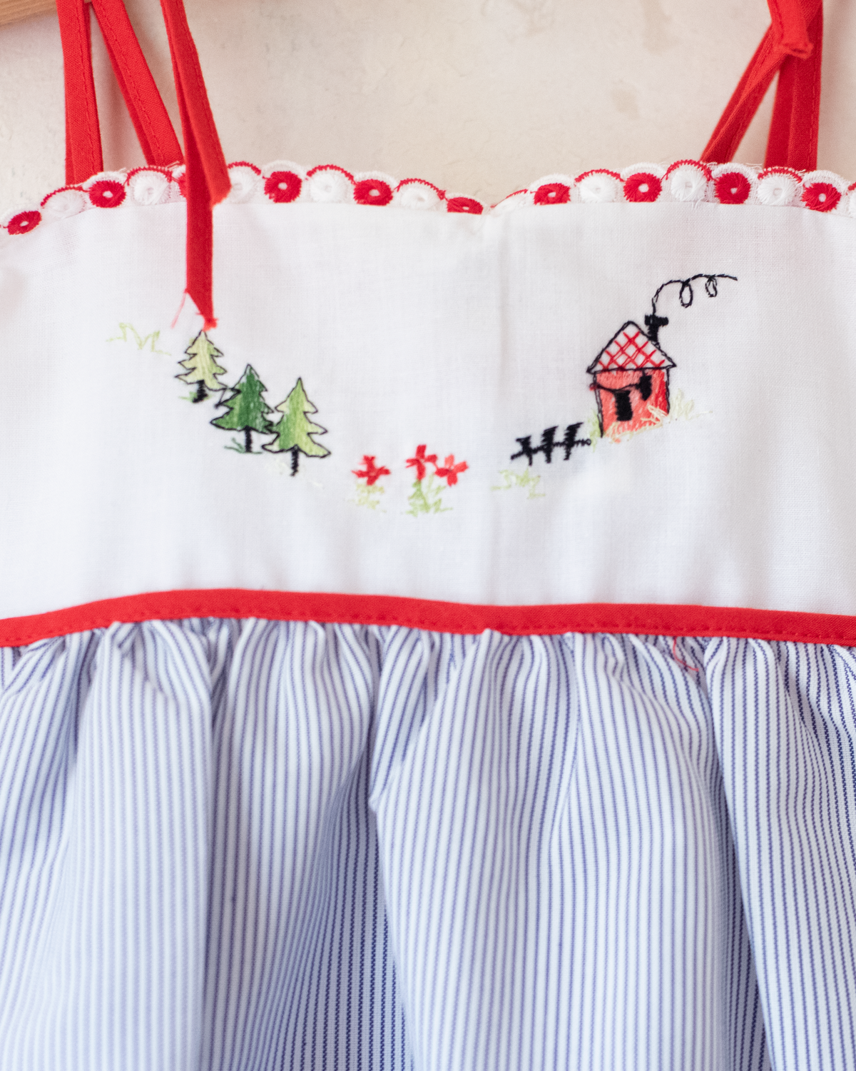 Summer dress with embroidered houses | Deadstock Spanish fabric | 18-24 months