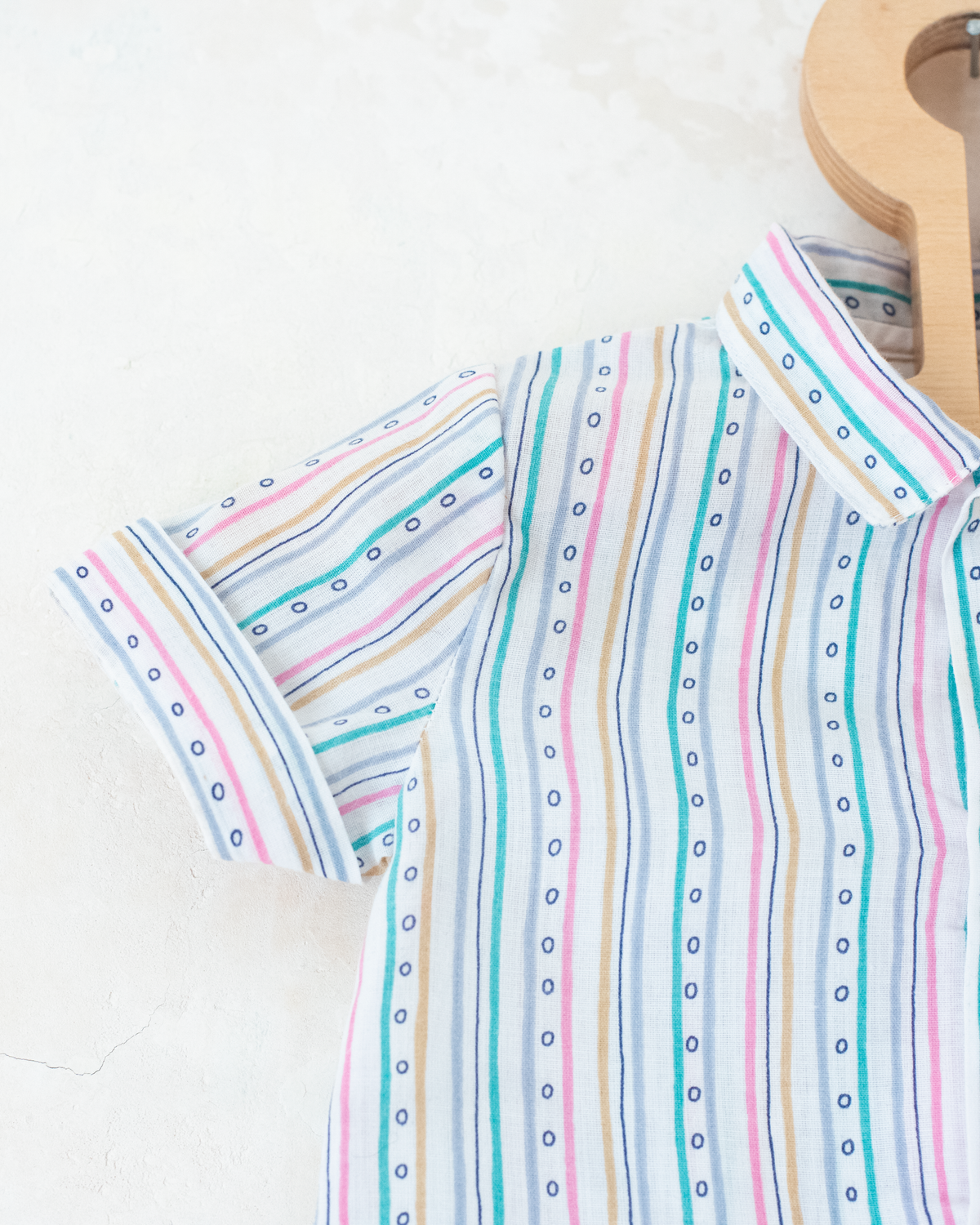Colorful button-down shirt with stripes and circles | 6-9 months