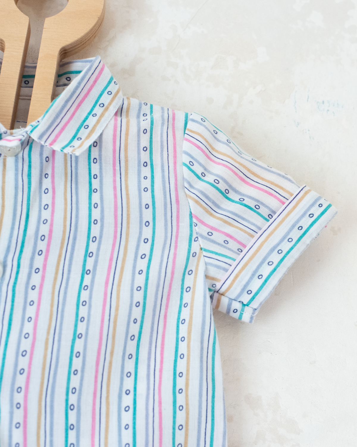 Colorful button-down shirt with stripes and circles | 6-9 months