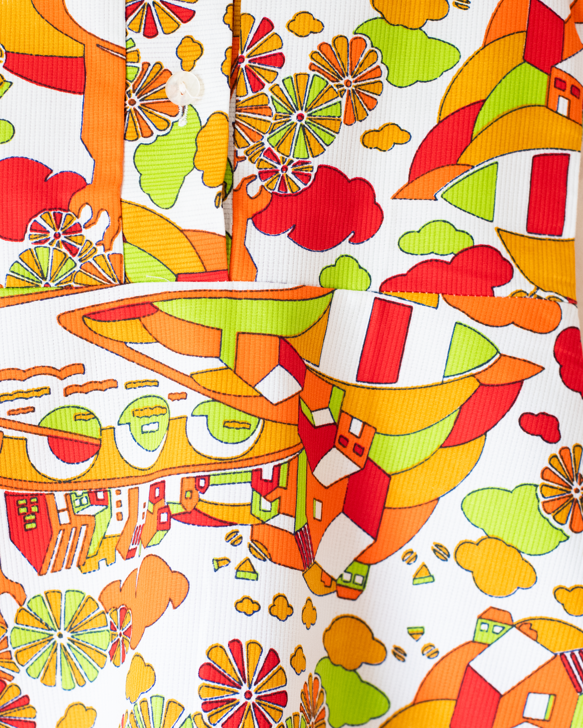 Colorful dress with flowers and houses | French deadstock from the seventies | 4-5 years