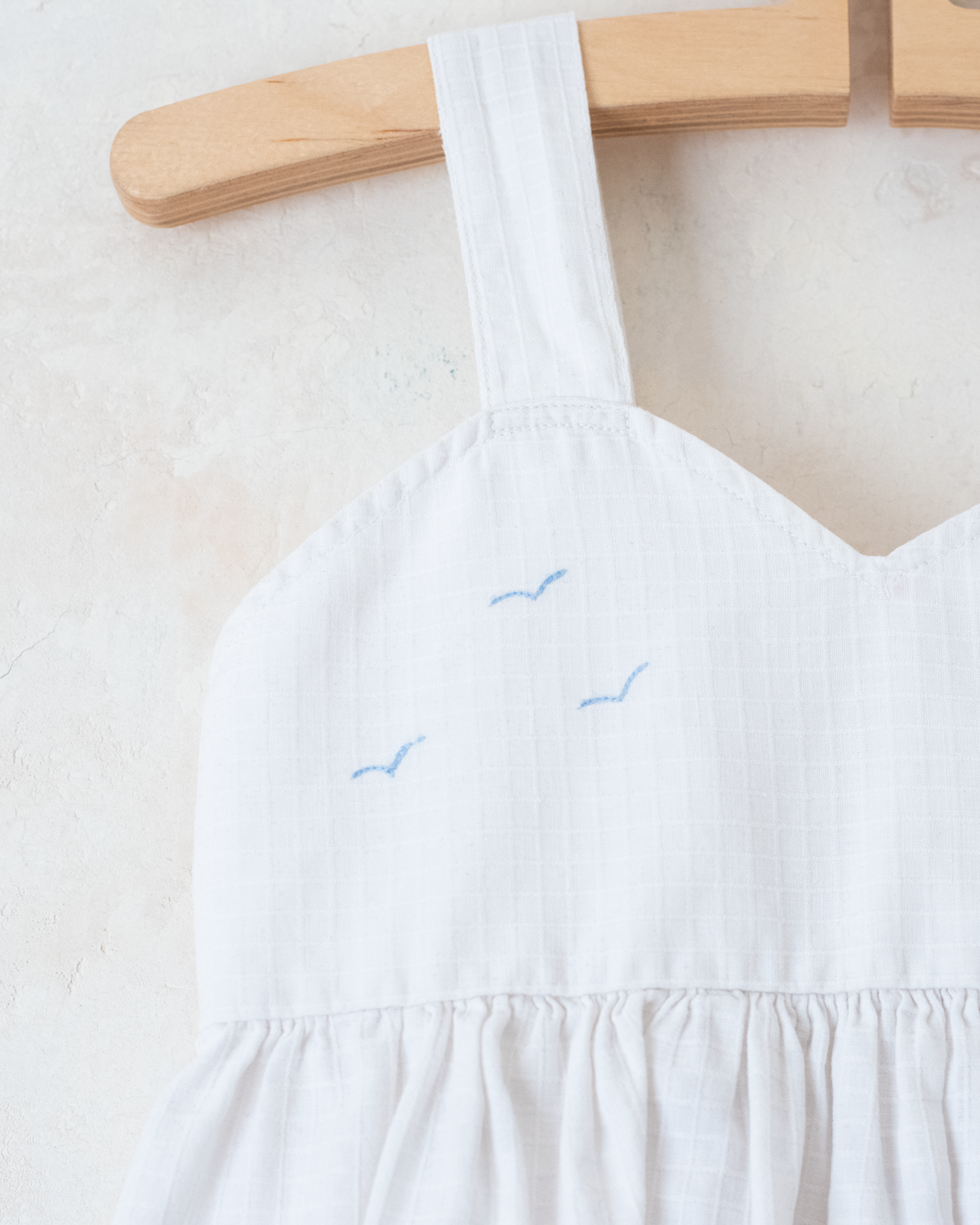 White 1950s Tunic with Embroidered Sailboats | 9-12 Months