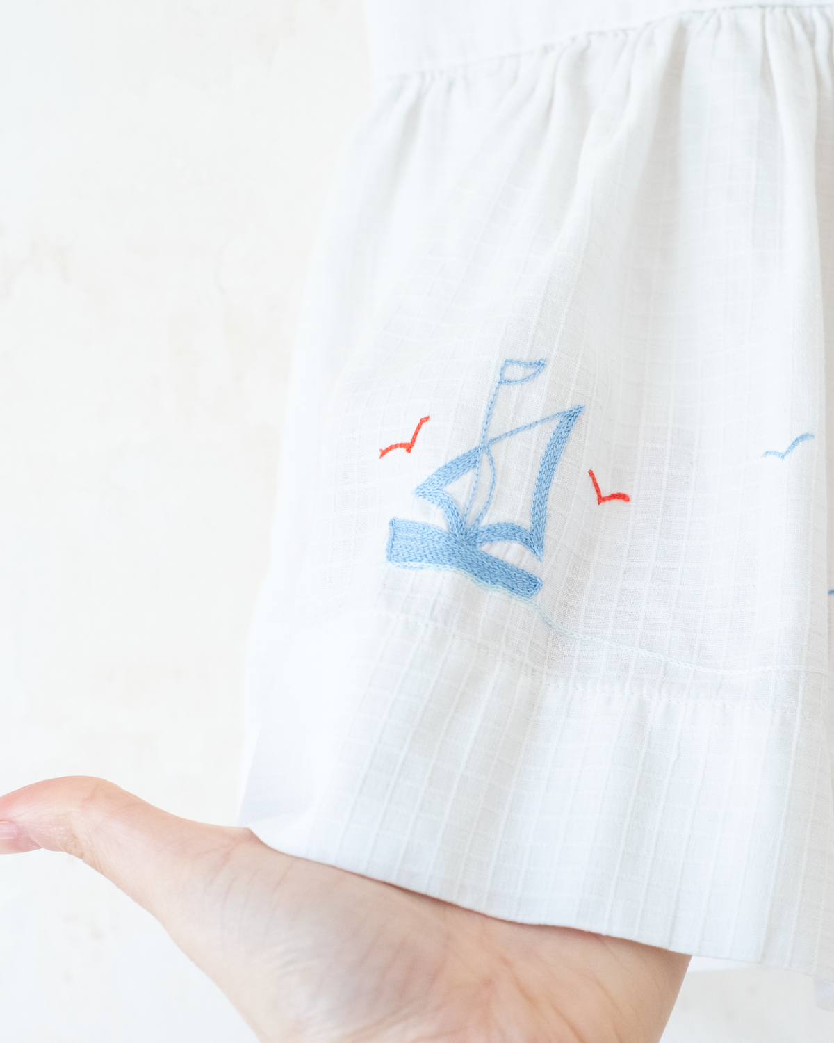 White 1950s Tunic with Embroidered Sailboats | 9-12 Months