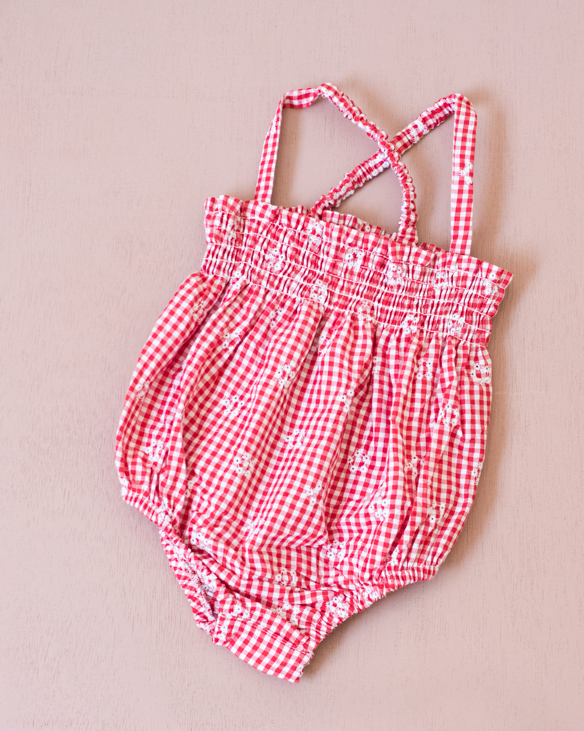 Red, white and embroidered checkered romper | 0-3 months