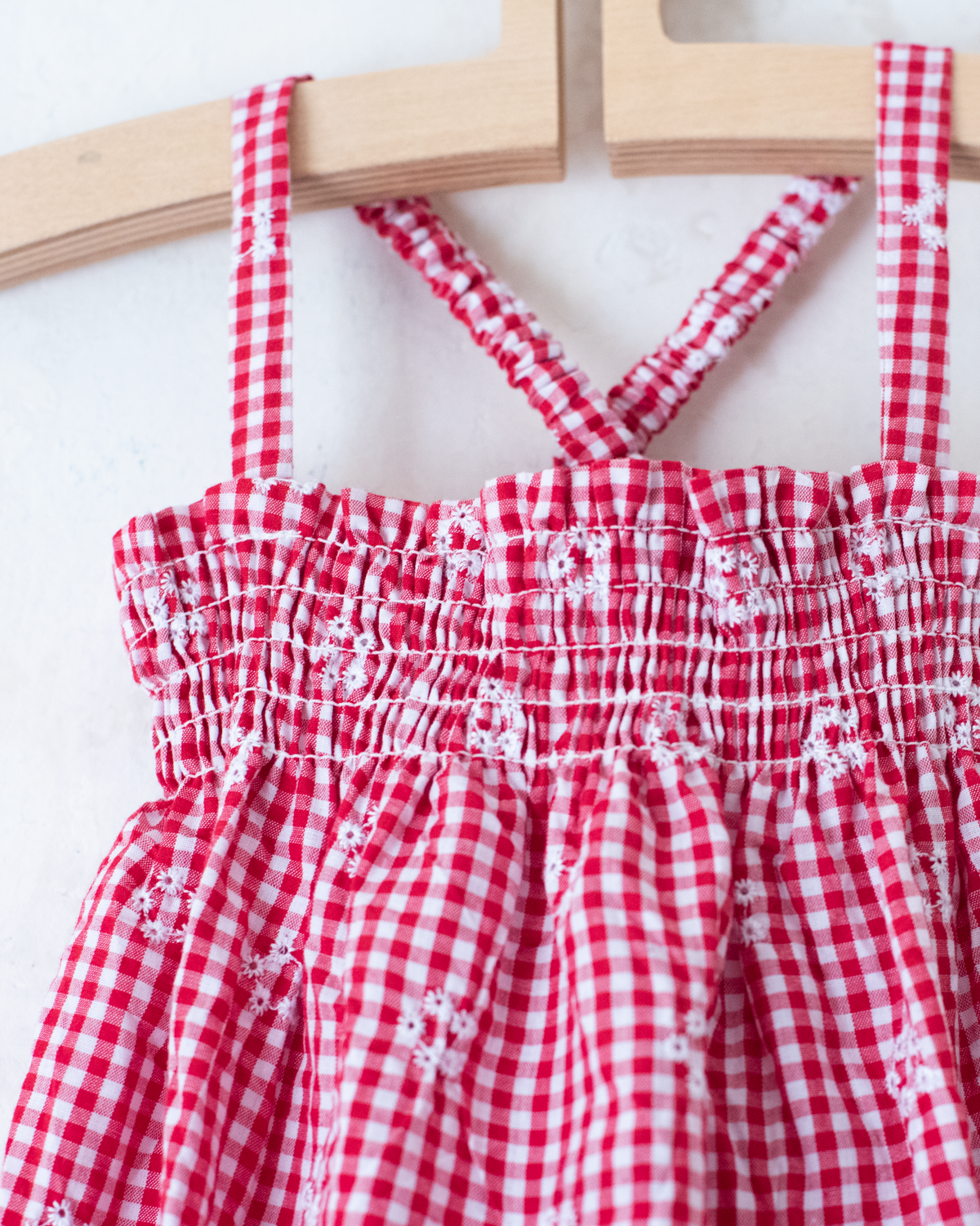 Red, white and embroidered checkered romper | 0-3 months