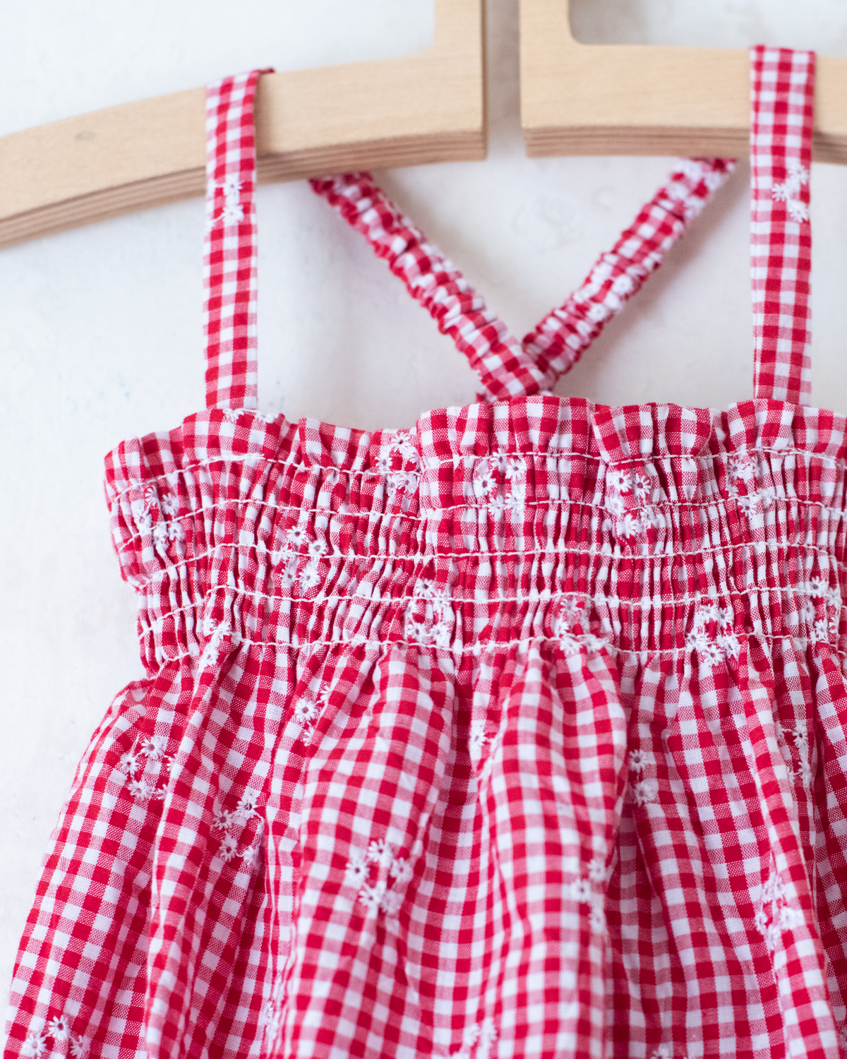 Red, white and embroidered checkered romper | 0-3 months