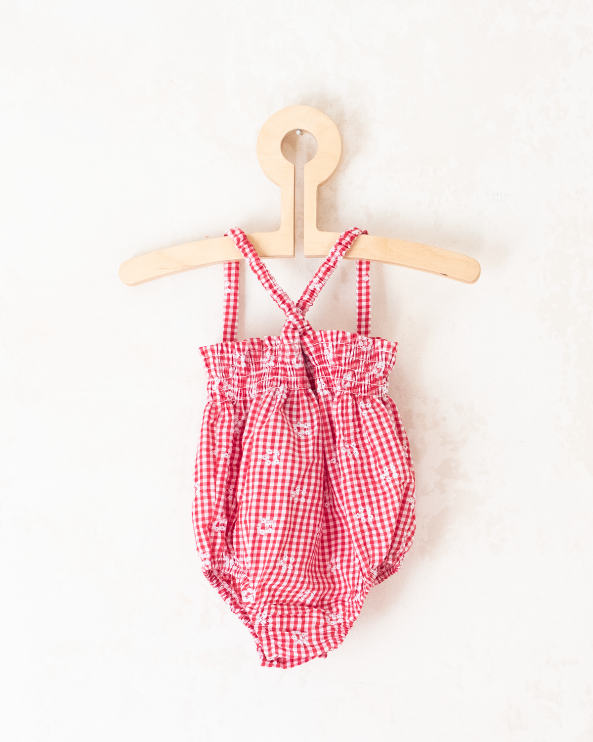 Red, white and embroidered checkered romper | 0-3 months