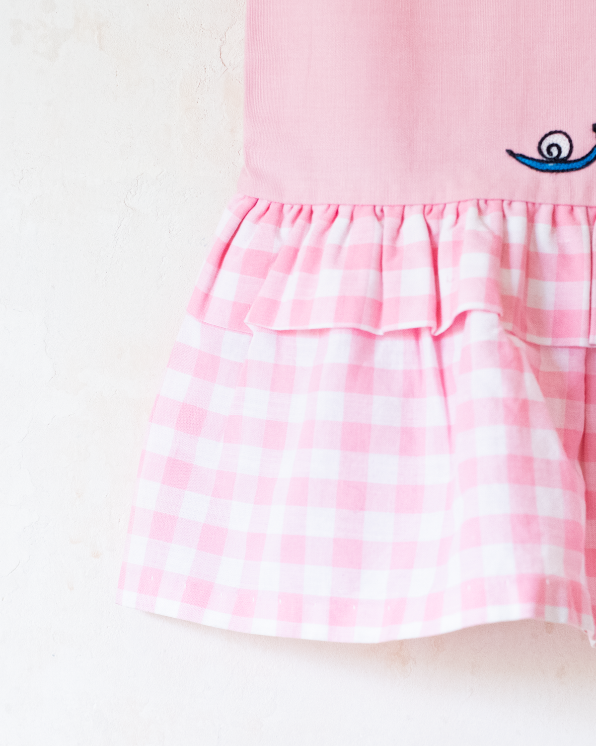 Pink dress with plaid and duck and snail embroidery | 9-12 months