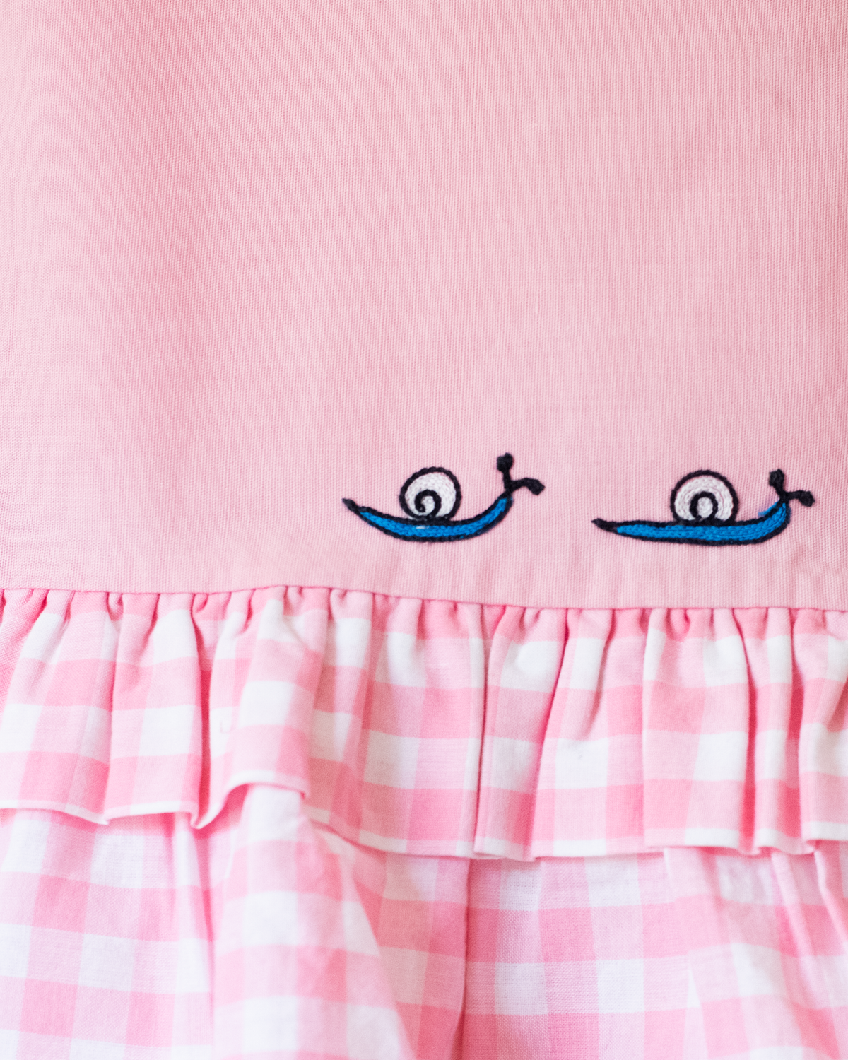 Pink dress with plaid and duck and snail embroidery | 9-12 months