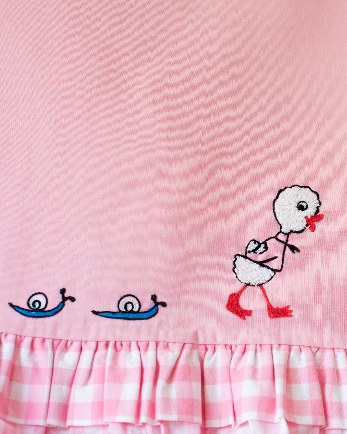 Pink dress with plaid and duck and snail embroidery | 9-12 months
