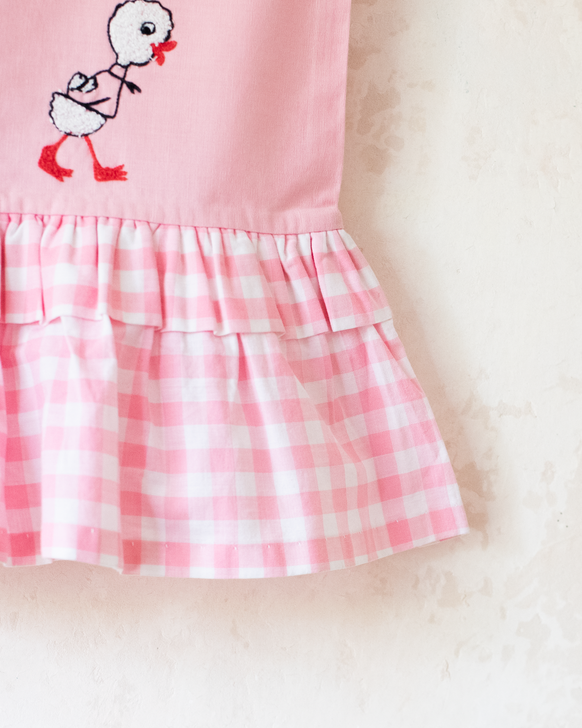 Pink dress with plaid and duck and snail embroidery | 9-12 months
