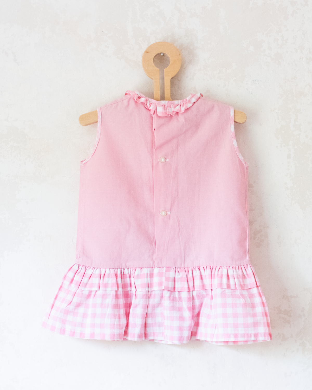 Pink dress with plaid and duck and snail embroidery | 9-12 months