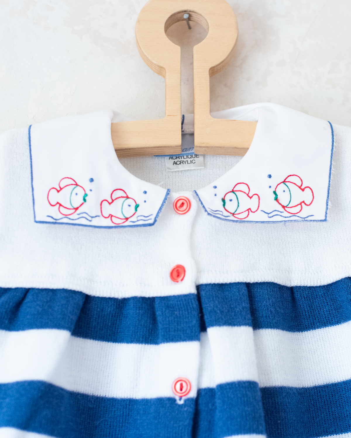 Knitted striped dress with fish on the collar | 9-12 months