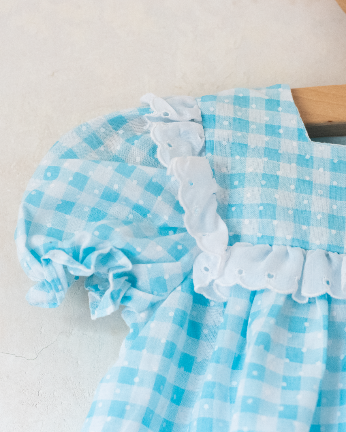 Light blue and white checkered dress with white lace | 9-12 months