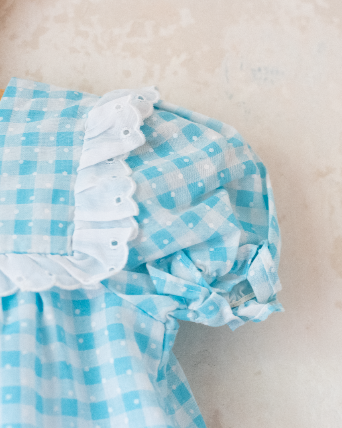 Light blue and white checkered dress with white lace | 9-12 months