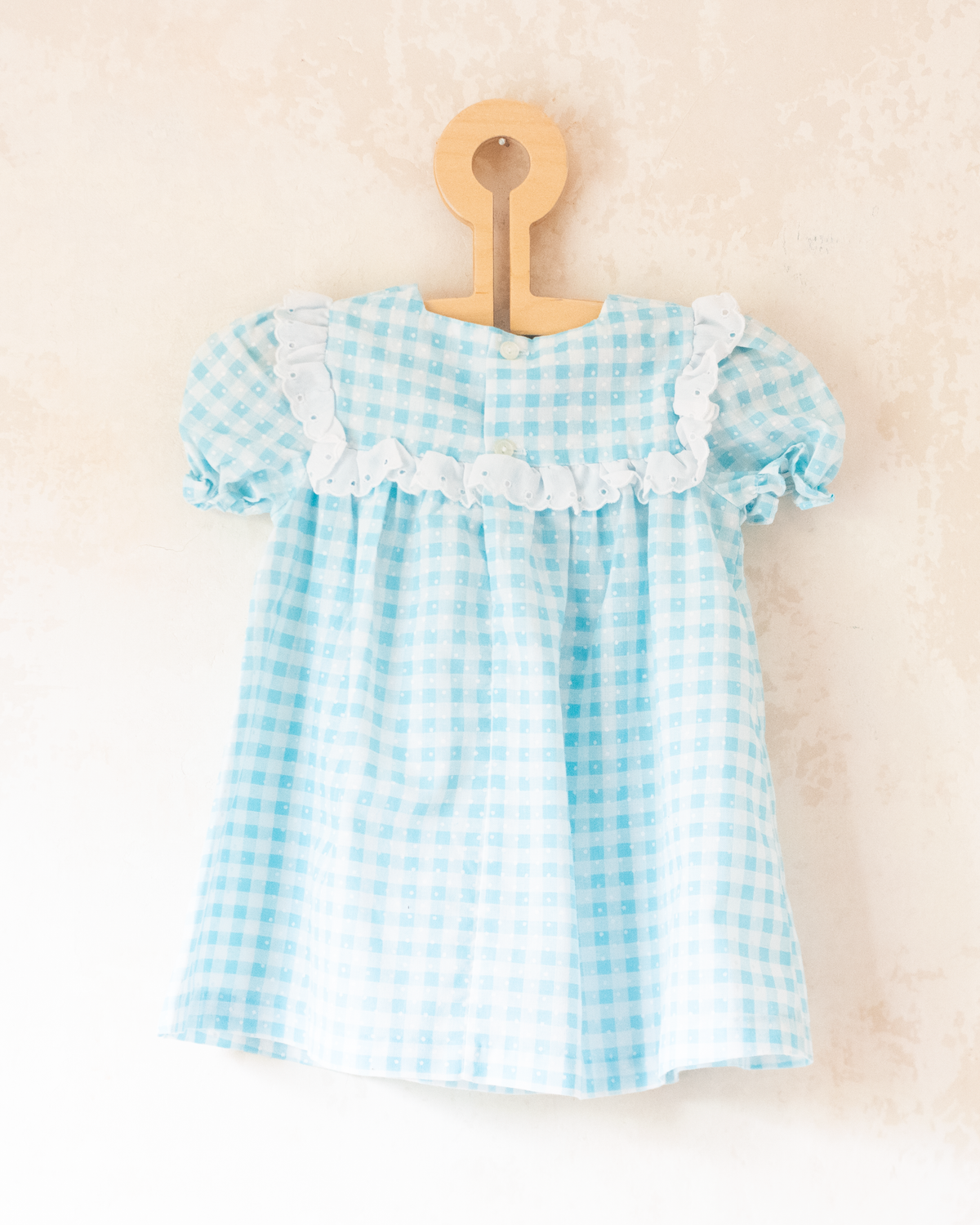 Light blue and white checkered dress with white lace | 9-12 months