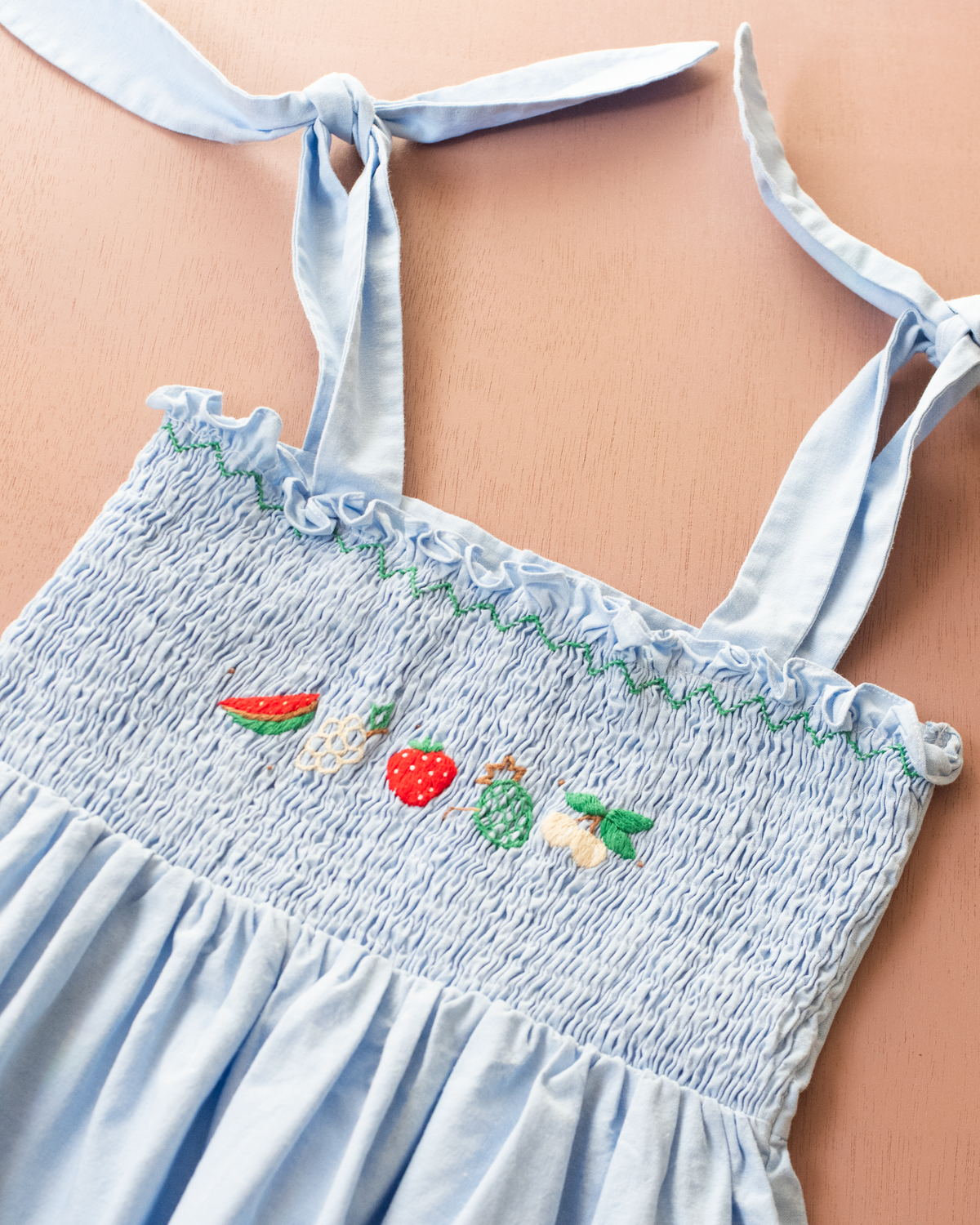 Sky blue dress with embroidered fruit | 5-6 years