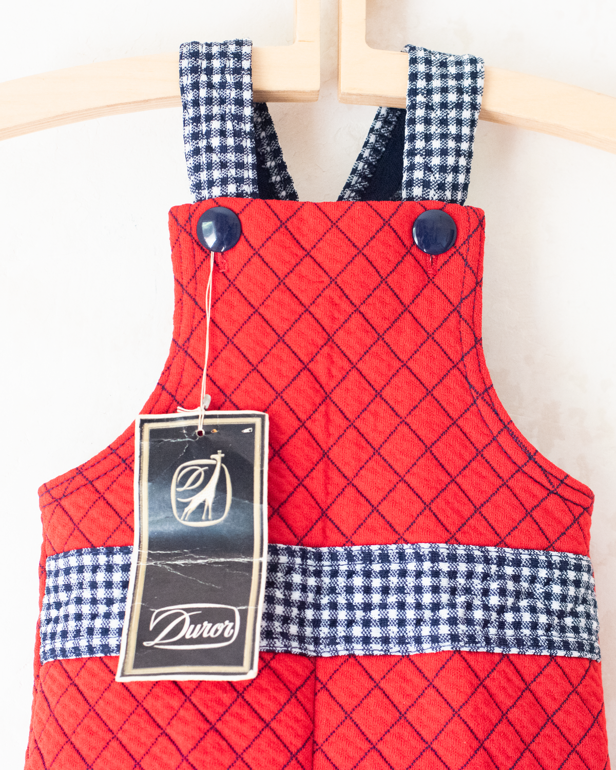 Red Quilted Overalls with Checks | French Dead Stock from the Seventies | 18-24 Months