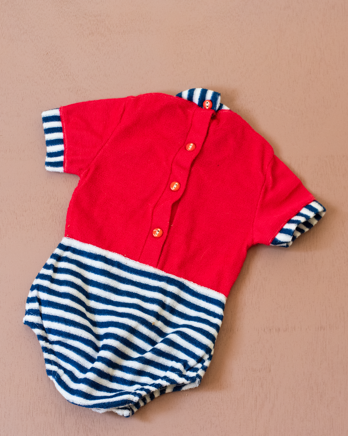 Red terry cloth romper with stripes and sailboat | Spanish deadstock | 3-6 months