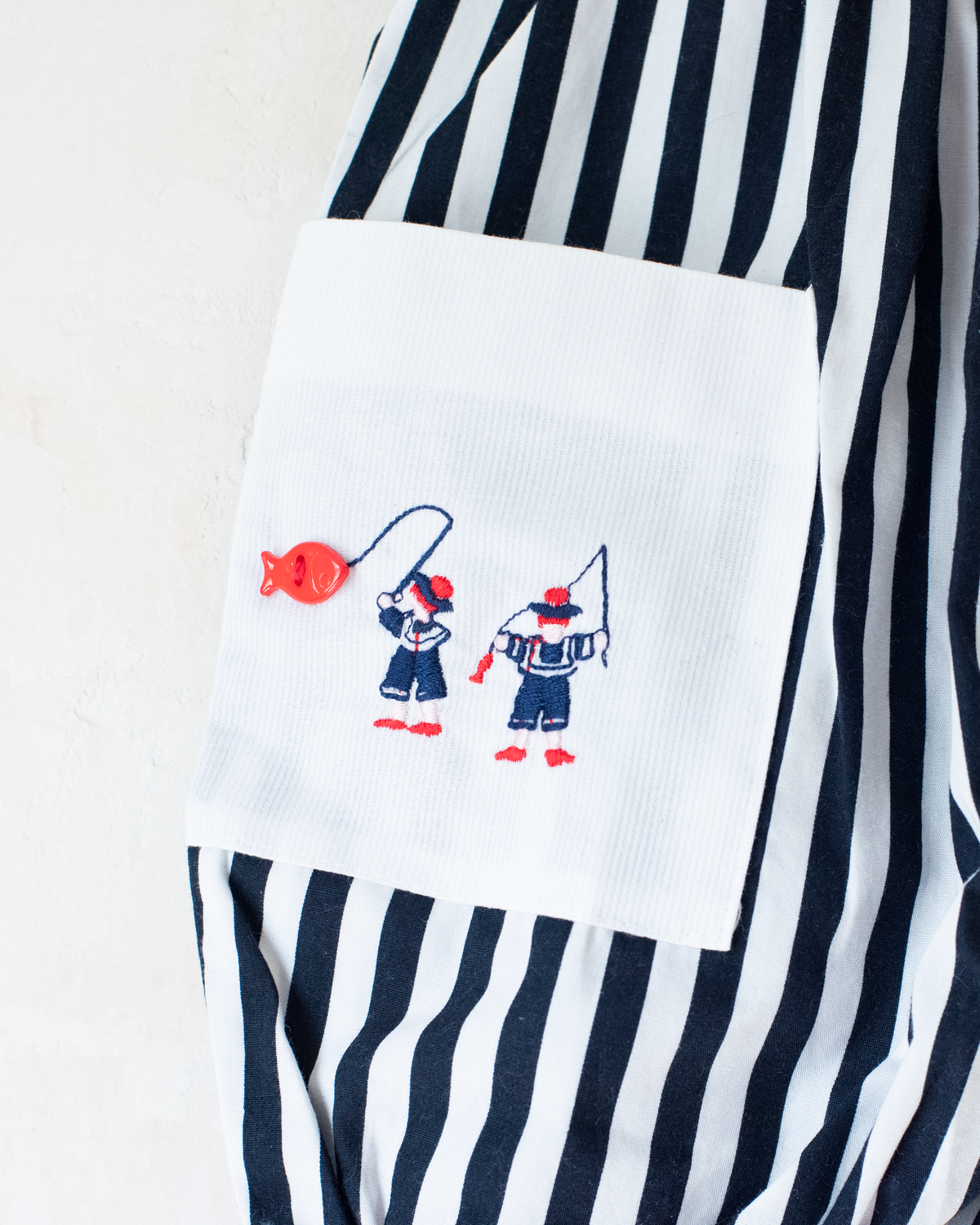 Striped overall, fishers, and fish buttons | French Deadstock | 3-6 months