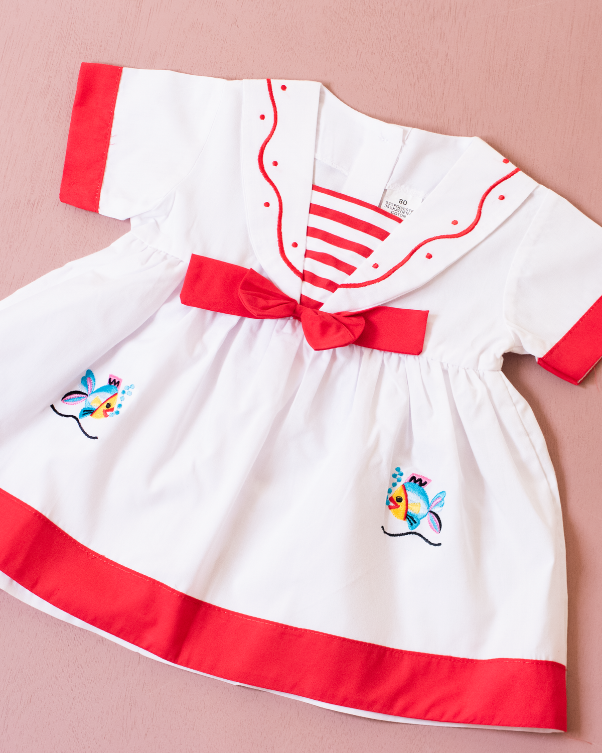 White sailor dress with embroidered fish | 9-12 months