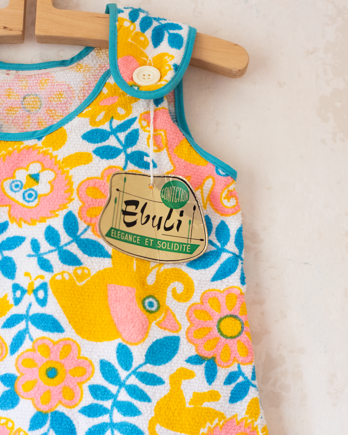 Terry cloth tunic with elephants and lions | French deadstock from the seventies | 18-24 months