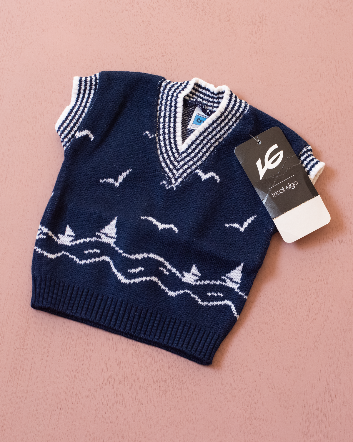 Blue cardigan with boats and seagulls | French deadstock | 0-3 months