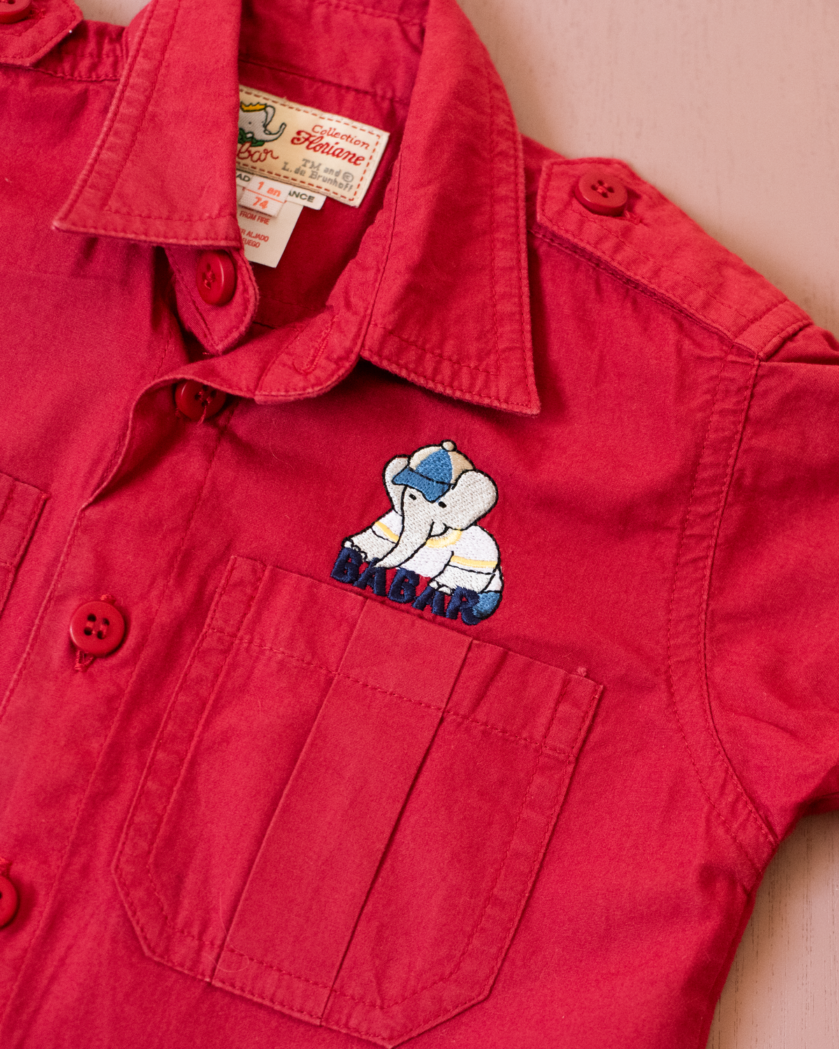 Red button-down shirt with Babar the King embroidery | 12-18 months
