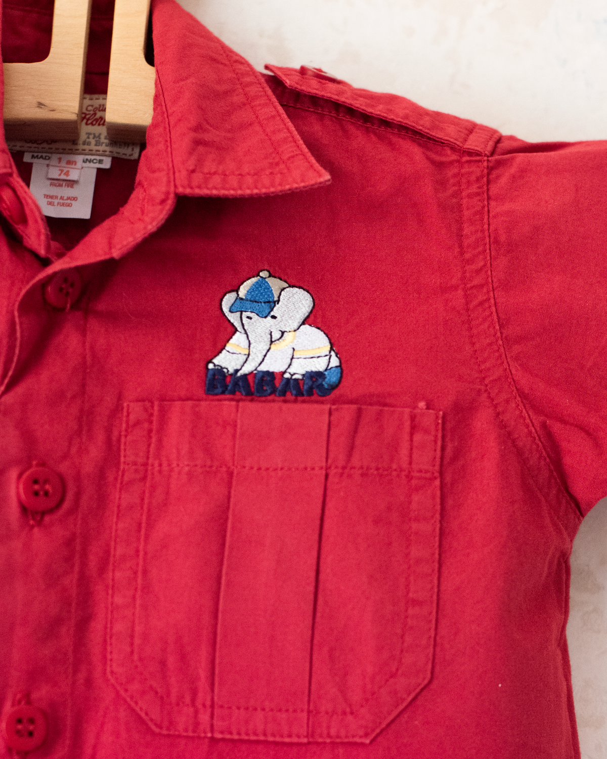 Red button-down shirt with Babar the King embroidery | 12-18 months