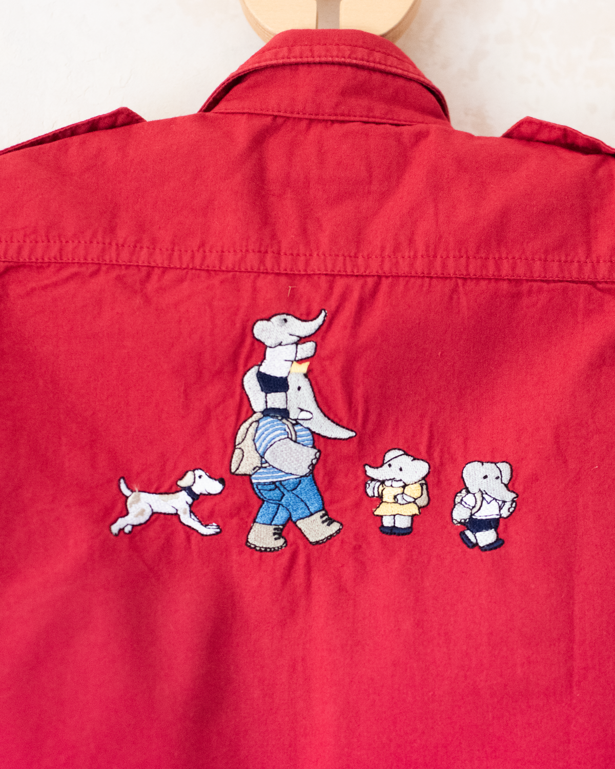 Red button-down shirt with Babar the King embroidery | 12-18 months