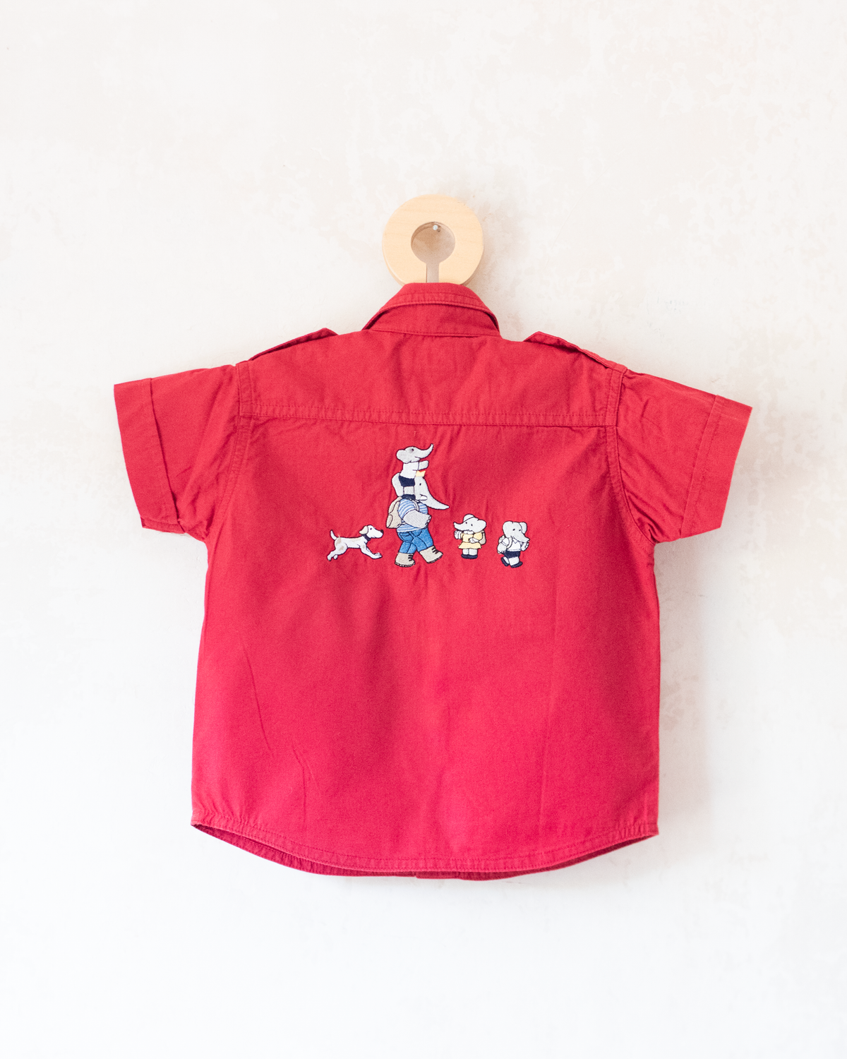 Red button-down shirt with Babar the King embroidery | 12-18 months