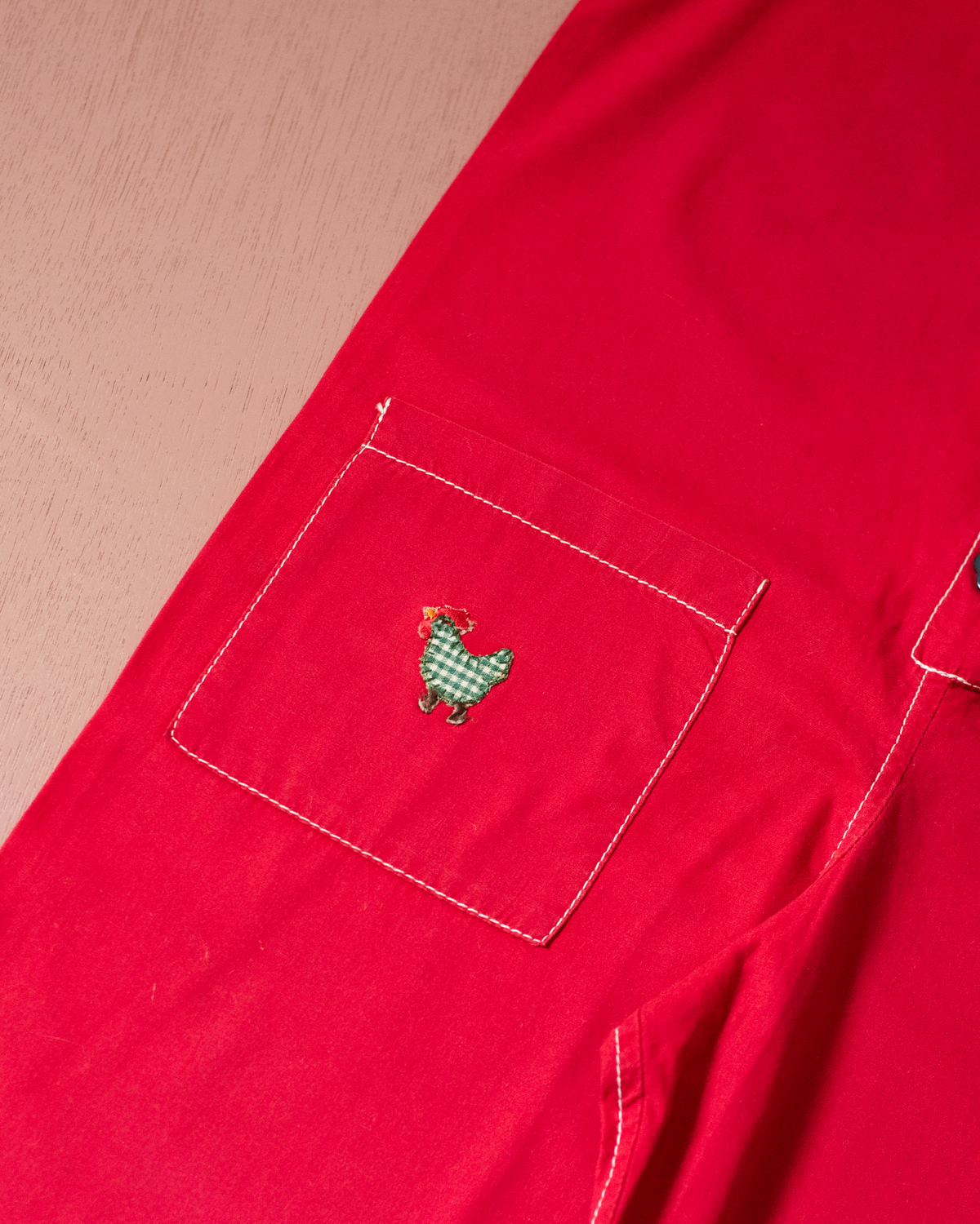 Red overalls with floral and chicken embroidery | 7-8 years