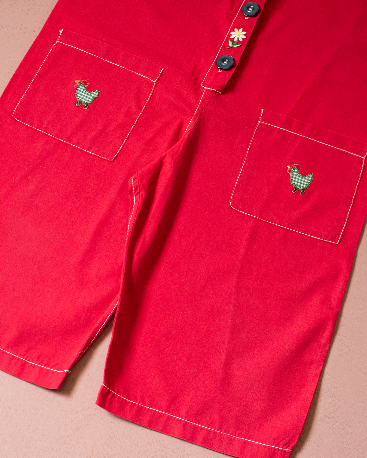 Red overalls with floral and chicken embroidery | 7-8 years