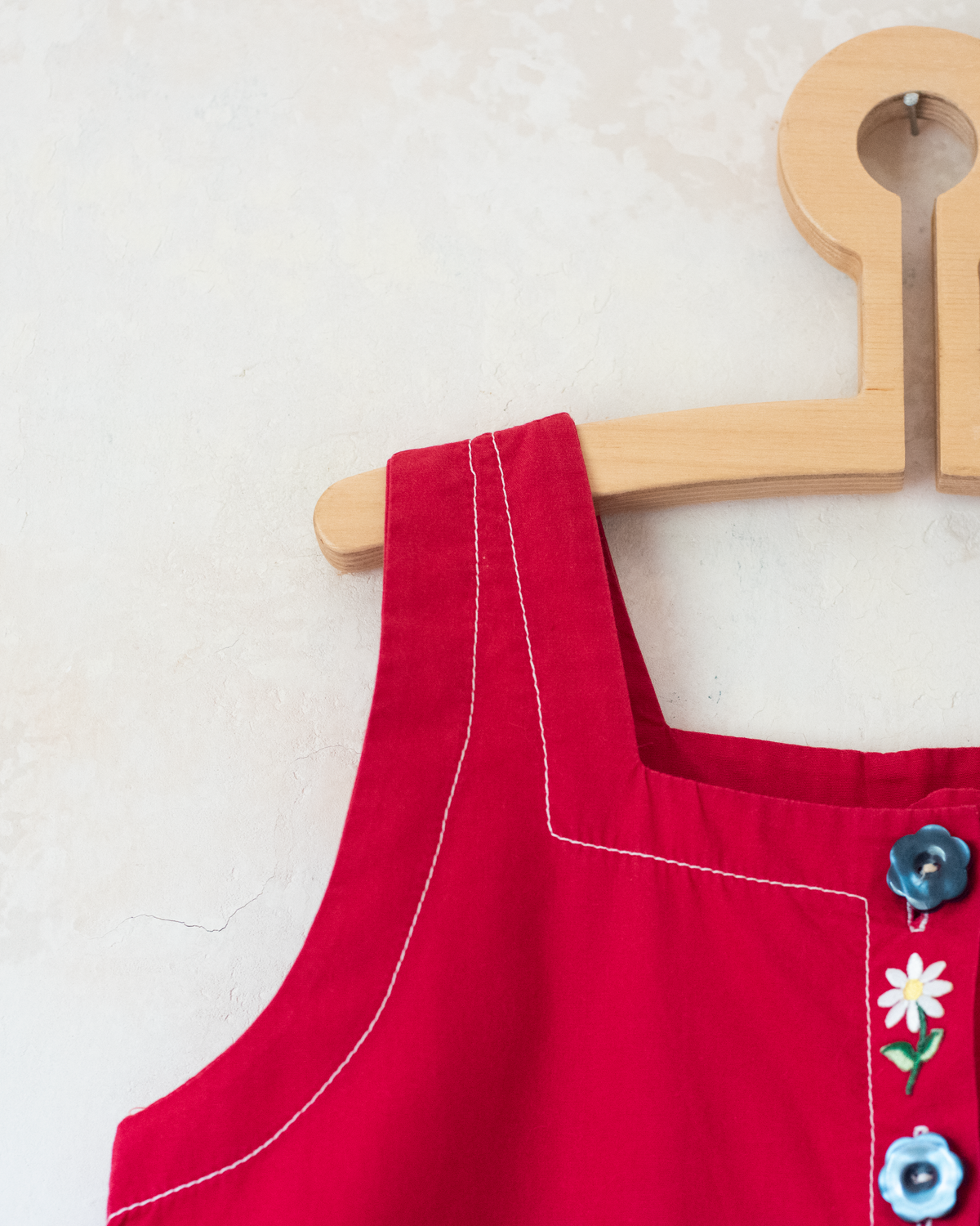 Red overalls with floral and chicken embroidery | 7-8 years